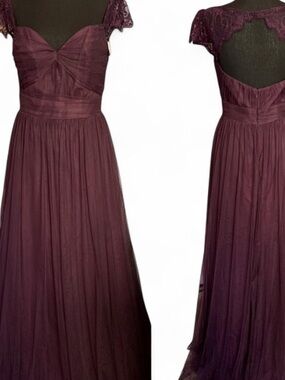 Plum Lace-Cap Sleeve Prom Gown